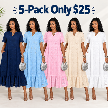 Women's V-Neck Cotton Eyelet Midi Dress