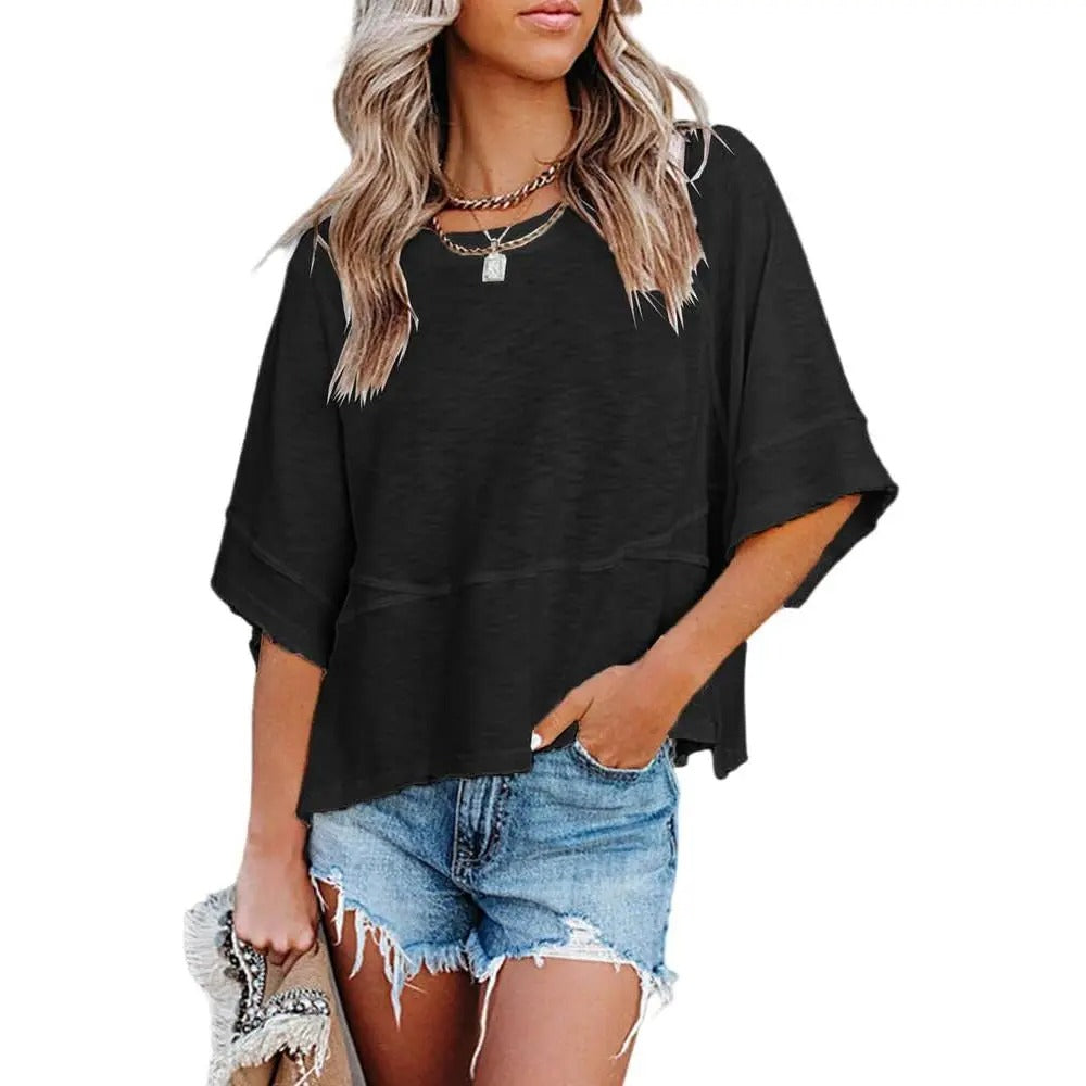 Women's Summer Casual Crewneck Batwing Half-Sleeve Oversized Tshirt - Loose Fit