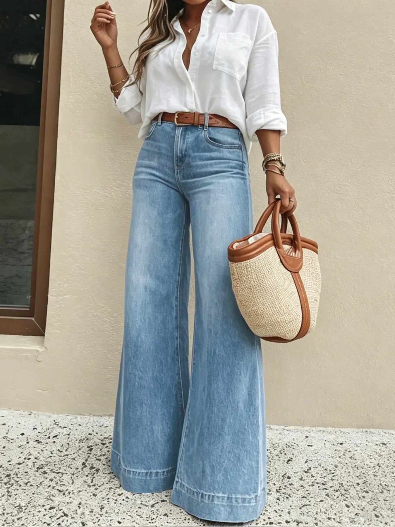 Women's Elastic Loose Fit Jeans, High Waist Slimming, Casual Style, Plain Surface, All Seasons