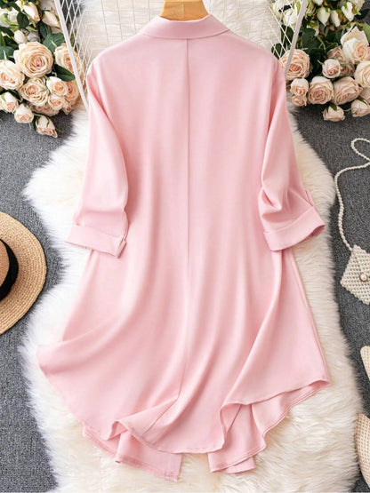 Plus-Size Solid Long Sleeve Button Up Blouse for Spring & Fall