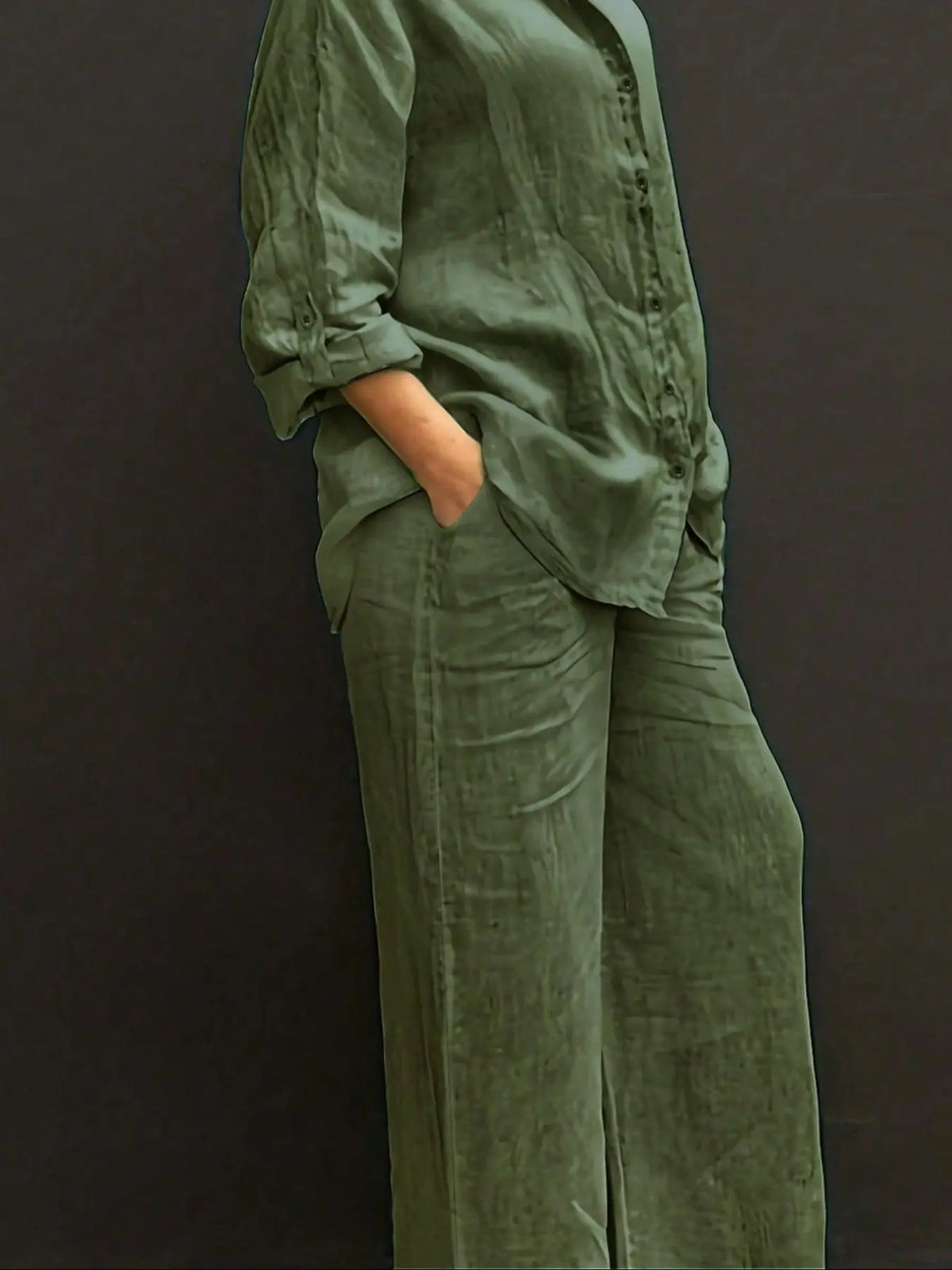 Women's Solid Long Sleeve Shirt & Wide Leg Pants Set