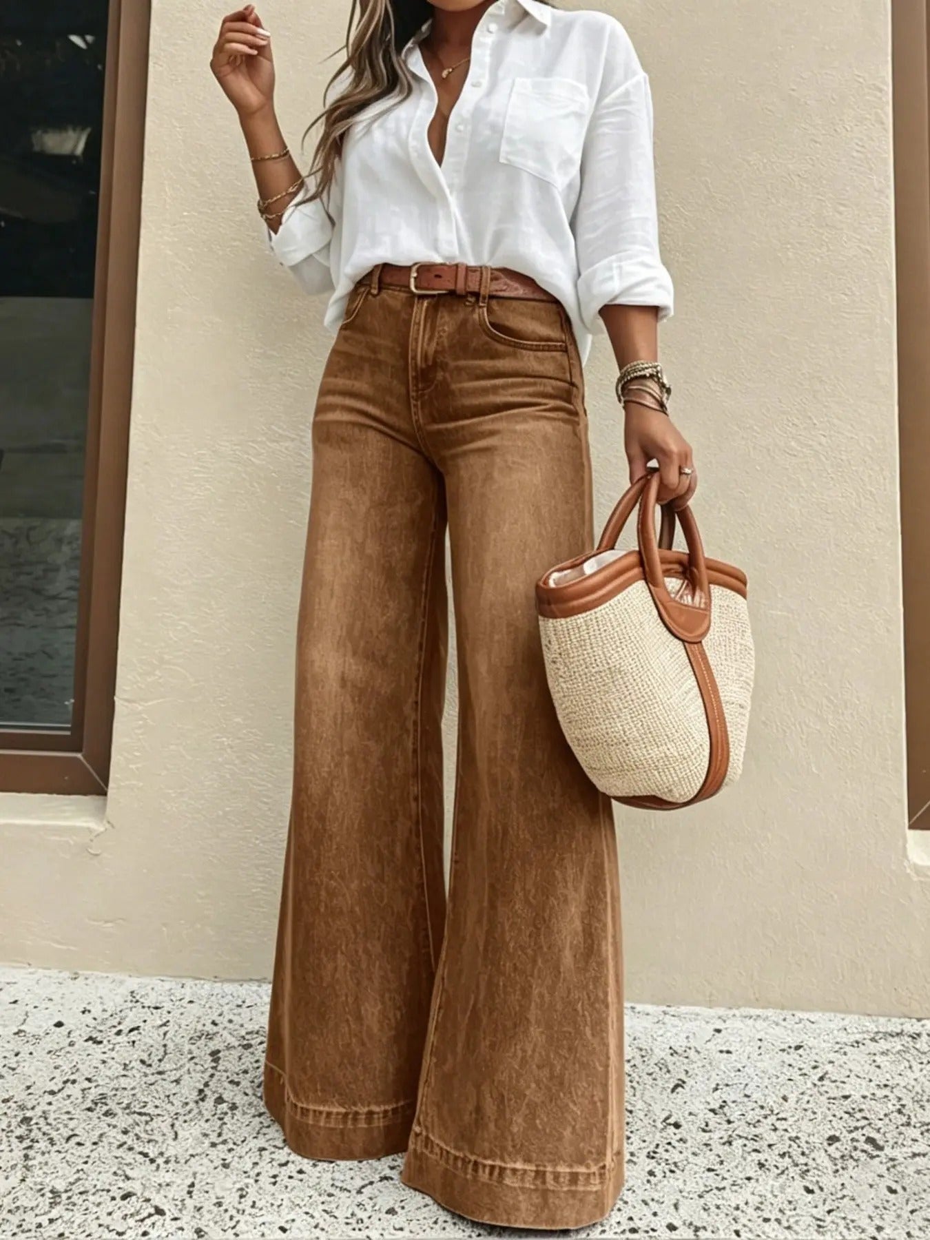 Women's Elastic Loose Fit Jeans, High Waist Slimming, Casual Style, Plain Surface, All Seasons