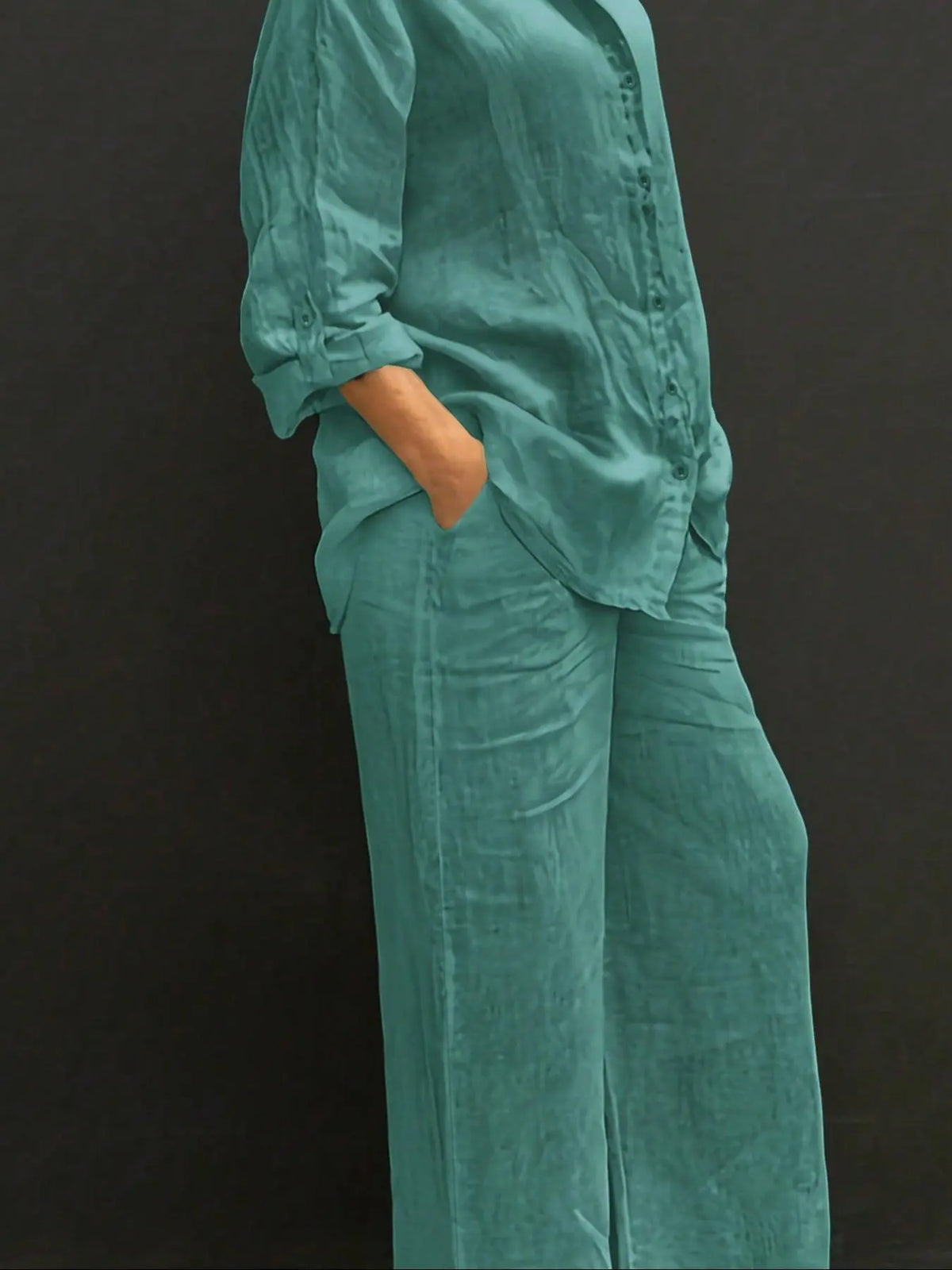 Women's Solid Long Sleeve Shirt & Wide Leg Pants Set
