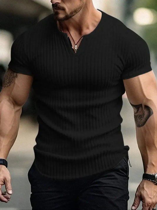 Men's Spring/Summer Striped V-Neck Short-Sleeve T-Shirt