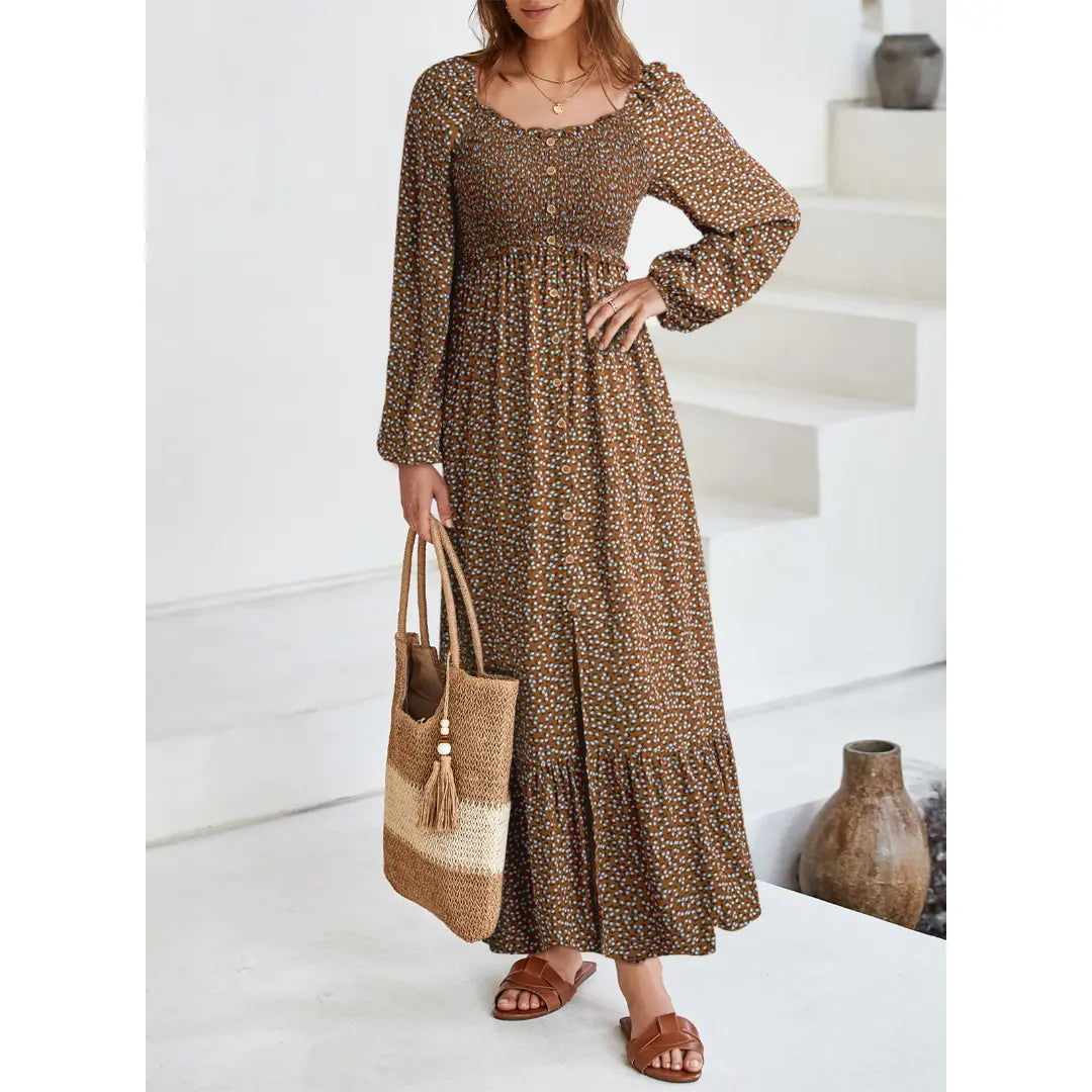 Dokotoo Womens Boho Floral  Dress with Smocked Empire Waist and Long Sleeves