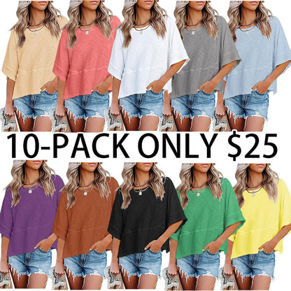 Women's Summer Casual Crewneck Batwing Half-Sleeve Oversized Tshirt - Loose Fit