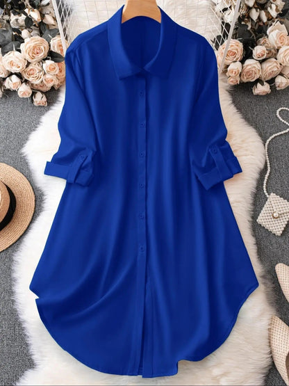 Plus-Size Solid Long Sleeve Button Up Blouse for Spring & Fall