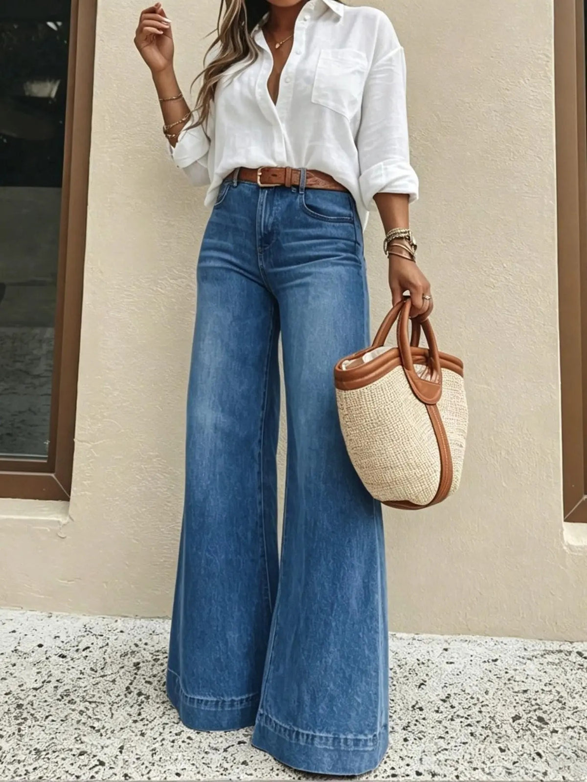 Women's Elastic Loose Fit Jeans, High Waist Slimming, Casual Style, Plain Surface, All Seasons