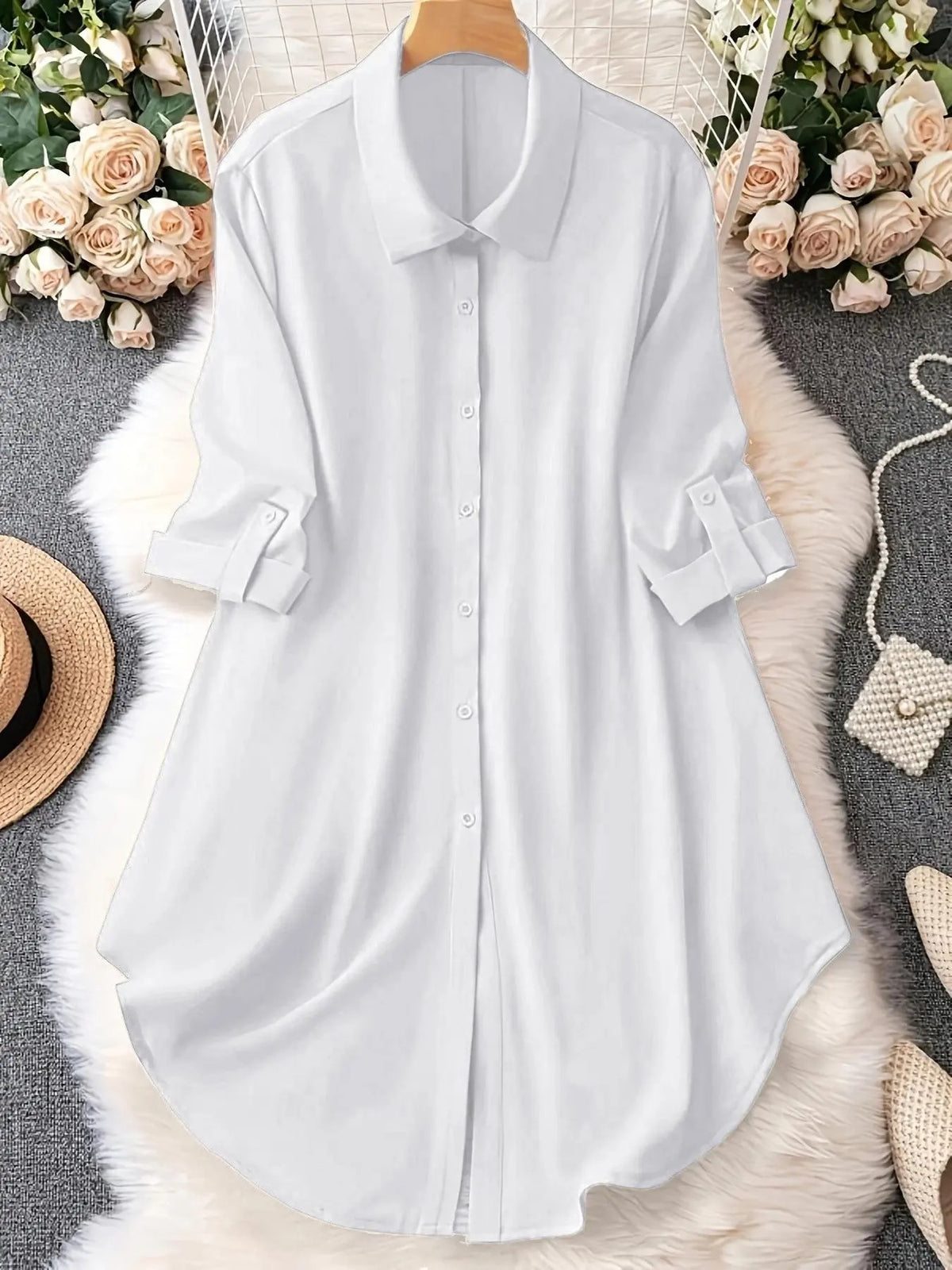 Plus-Size Solid Long Sleeve Button Up Blouse for Spring & Fall