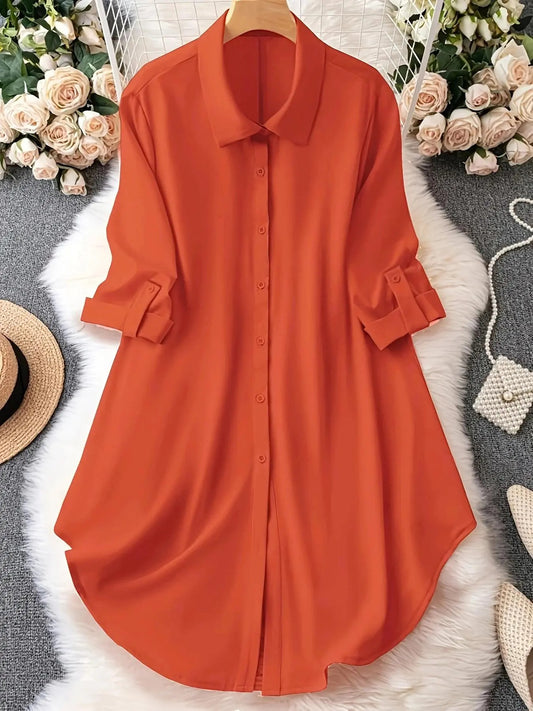 Einfarbige Damen Longbluse mit Knopfleiste – Große Größen für Frühling & Herbst