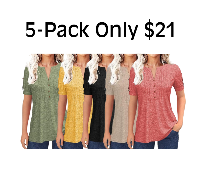 Women’s V Neck T Shirt – Casual Pleated Button Top, Loose Fit Short Sleeve Summer Tee