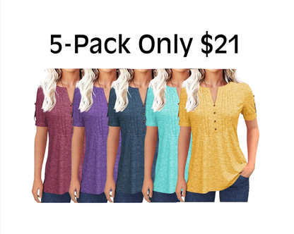 Women’s V Neck T Shirt – Casual Pleated Button Top, Loose Fit Short Sleeve Summer Tee